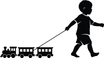 Black silhouette illustration of child walking and pulling toy train with string showing locomotive and passenger cars on wheels © yesrin