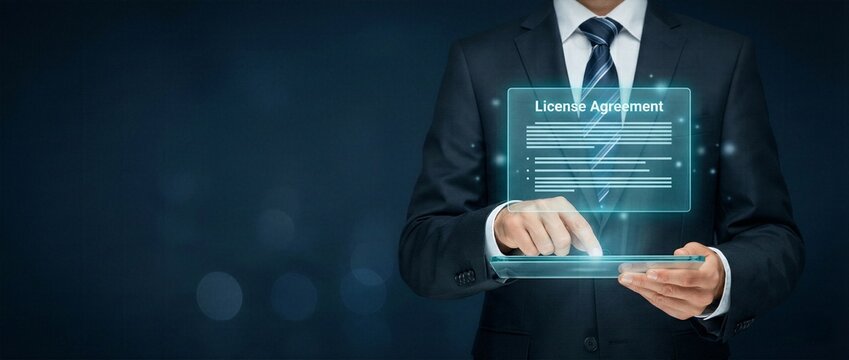 Businessman using transparent digital tablet with glowing license agreement text and icons for software legal compliance and intellectual property contract