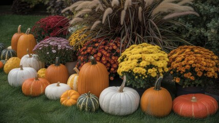Autumn Harvest Display with Colorful Pumpkins Gourds and Chrysanthemums
