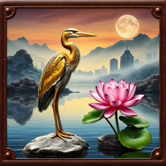 Fototapeta premium Heron at sunset near a pool 