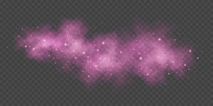 Magical pink cloud or fog with glowing particles. Fairy smoke isolated on transparent background. Stardust effect. Festive glitter lights for holiday or fantasy design. Vector illustration.
