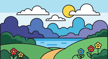Naklejka premium A simple, cartoon illustration of a vibrant landscape scene