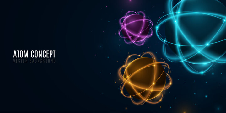 Abstract glowing atoms with elliptical rings circling a radiant central core on dark background. Atomic structure backdrop for scientific research presentation. Vector illustration.