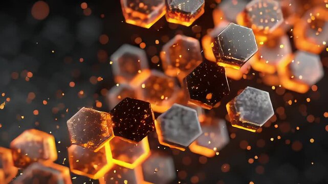 Radial shockwave with glowing blue aurora particles expanding waves concept. Glowing hexagonal shapes with fiery orange particles on dark abstract background futuristic technology concept