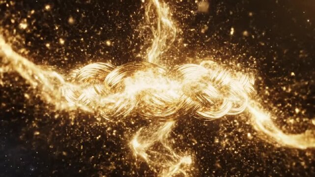 A glowing, golden, swirling light forms a dynamic, abstract pattern against a dark background with scattered particles and sparks.
