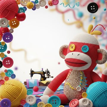 Sock Monkey Day celebration with crafting, sewing, and colorful buttons