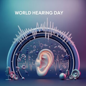 World Hearing Day 3D illustration with ear and sound waves