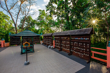 Landmark Sunrise with sky at Wat Phra That Doi Phra Chan on the top hill of Doi Phra Chan mountain in Mae Tha, Lampang province, Thailand