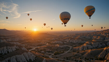 Fototapeta premium Hot air balloons flying over mountains at sunrise with vibrant colors