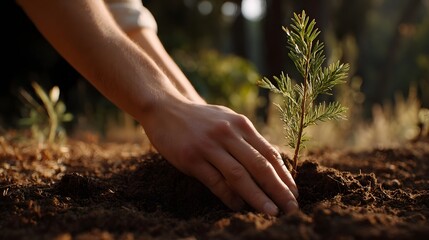 Fototapeta premium Hands planting a young tree seedling into dark soil with soft sunlight