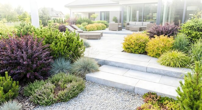 Modern luxury outdoor patio with stone pavers and tiered stairs surrounded by professional landscaping with purple shrubs and green conifers in a bright summer backyard garden.