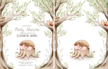 Watercolor cute sleeping baby hedgehog animal. Woodland nursery isolated illustration for children. for children. watercolour stump and acorn forest drawing with floral elements.  © kris_art