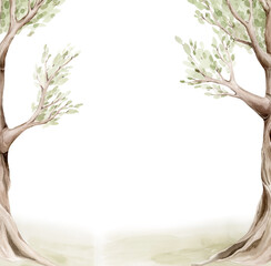 Watercolor woodland background with soft trees forming a gentle frame and empty space in the center. Light pastel tones and fairytale style make it perfect for baby shower invitations, nursery prints,