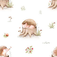 Watercolor seamless pattern of cute sleeping baby hedgehog animal. Woodland nursery illustration for children wallpaper, textile and fabric pattern. watercolour forest drawing for wrapping paper, 