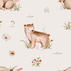 Watercolor seamless pattern of cute bear and baby bunny animal. Woodland nursery rabbit background for children wallpaper, textile and fabric pattern. watercolour forest drawing for wrapping paper, 