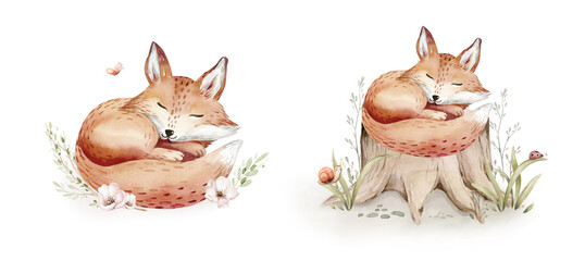 Watercolor cute sleeping babyfox animal. Woodland nursery isolated illustration for children. watercolour forest drawing, floral image. Perfect for kids posters, patterns