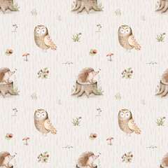 Watercolor seamless pattern of cute owl and baby hedgehog animal. Woodland nursery background for children wallpaper, textile and fabric pattern. watercolour forest drawing 