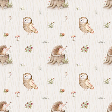 Watercolor seamless pattern of cute owl and baby hedgehog animal. Woodland nursery background for children wallpaper, textile and fabric pattern. watercolour forest drawing 
