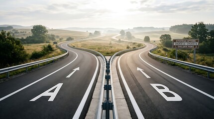 Obraz premium Dividing Road with Two Lanes and a Sign Showing Strategic Options for Choice a or B