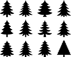 A black and white vector set of pine tree icons. This collection features various minimalist forest silhouettes for logo design, labels, signs, and branding elements.