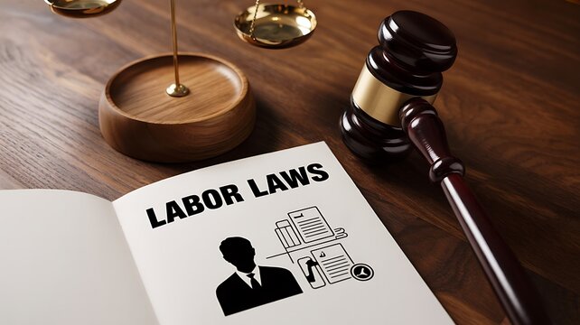 Labor law concept with judge gavel and book showing labor laws text representing legal system and workplace regulations
