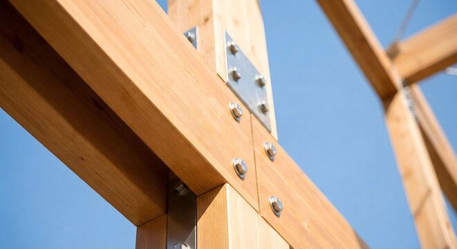 Modern timber frame construction detail with light-colored glulam wooden beams joined by steel bolts and washers under a clear blue sky, highlighting sustainable architecture and carpentry.