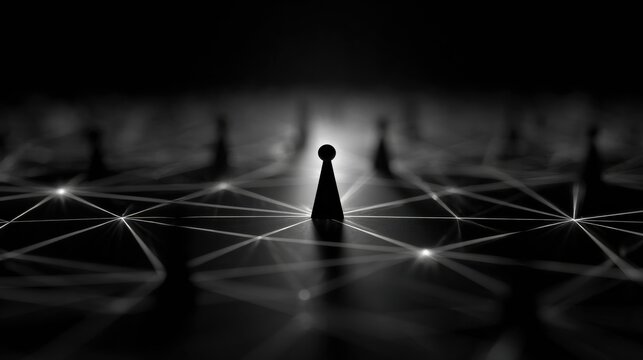 Visual Representation of Social Network Nodes With One Node Blacked out in a Balanced Composition Showing Connections and Relationships