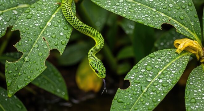 green spotted tree snake on dewy tropical leaves, lush jungle wildlife concept