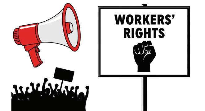 Workers Rights Protest - Megaphone, Fist Symbol, Protestors Silhouette, Signboard