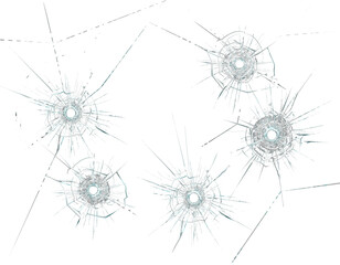 Realistic bullet holes in shattered glass isolated on black background, crime scene and ballistic impact concept. © Eranga Ekanayake