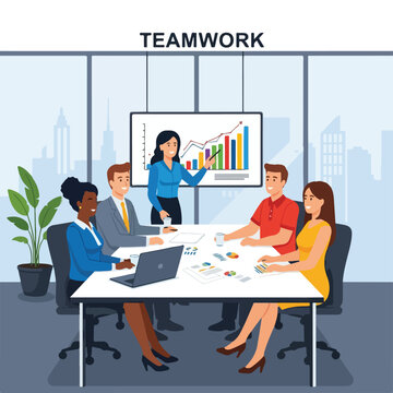 A team meets for discussion in an office, viewing a presentation