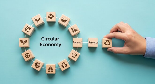 Hand connects recycle block completing circular economy concept model