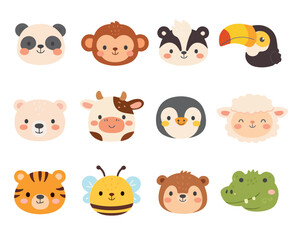 Fototapeta premium Vector illustration featuring 12 adorable animal faces including a panda, monkey, bear, and more. Each face depicts a friendly and cheerful expression, perfect for children's designs.