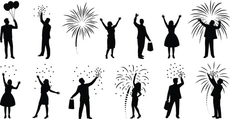 Obraz premium Black silhouette of people celebrating with fireworks, balloons, and confetti isolated on white background for holiday party and event design