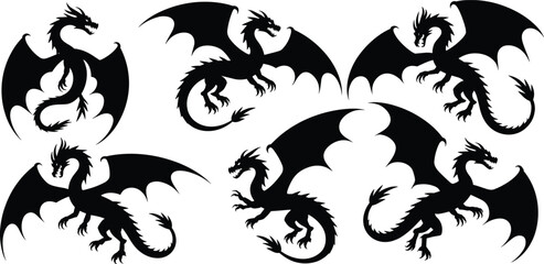Obraz premium Black silhouettes of flying dragons with large wings and long tails isolated on white background for fantasy, mythology, and legend design