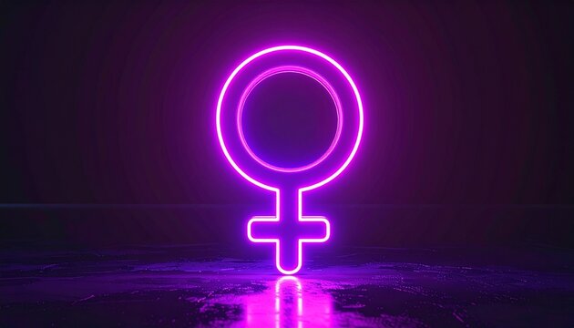 Neon Pink Female Gender Symbol with Reflection on Dark Surface