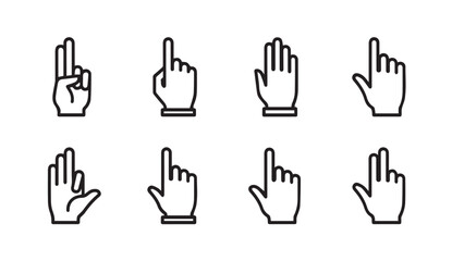 Obraz premium Set of eight hand cursor icons showing different gestures and pointing actions vector graphics