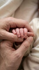 Hand Holding a Tiny Newborn Babys Fingers by an Adult Expressing Love Protection and Family Bonding