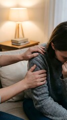 Fototapeta premium Comfort Given to a Friend Experiencing Distress with a Gentle Touch on the Shoulder in a Warm Home Setting