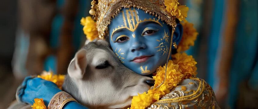 Hinduism and other Indian religions commemorate religious events like this one, in which the sacred cow is held by the cute child Krishna.