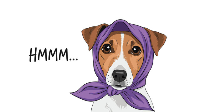 Puzzled jack russell terrier dog wearing a purple headscarf looks directly at the camera with a thinking text message.