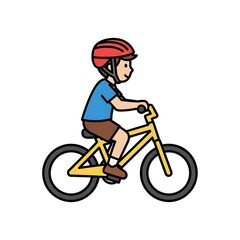 Naklejka premium A young boy wearing a red helmet rides a yellow bicycle on a plain white background from a side view