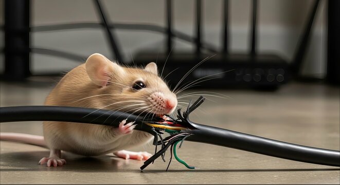 Small brown mouse biting and damaging black electrical power cable