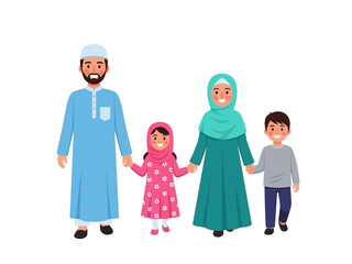 Obraz premium Happy Muslim family walking together in colorful modest clothing illustration