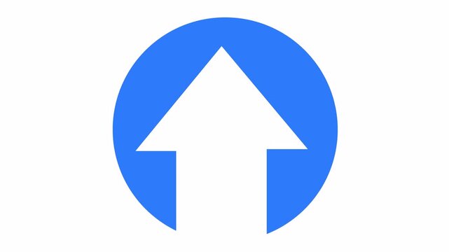 Minimalist white upward arrow icon in a blue circle isolated on an alpha channel. Directional arrow symbol for navigation and interface design. Upload button or growth sign for the top direction.
