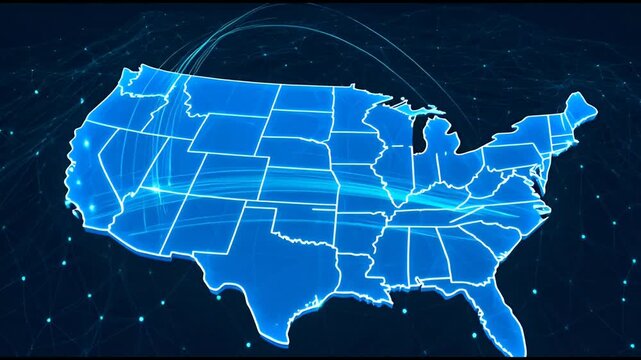 Luminous United States map featuring a complex digital mesh grid representing satellite communication infrastructure and nationwide real-time data exchange for cyber information technology systems.