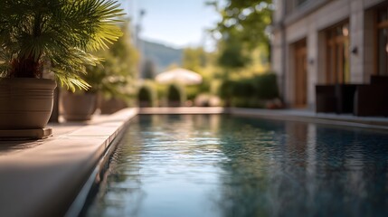 Fototapeta premium A serene poolside view at a luxury resort surrounded by lush greenery and elegant architecture