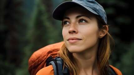 Close up portrait of a woman wearing a cap and backpack looking upwards with a pensive and inspired expression amidst a blurred natural forest