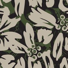 Floral Pattern Design Fashion Textile Print Olive Green Beige And Black Palette Modern Botanical Motif Homeware Decor Computer Graphics Repeatable Surface Design