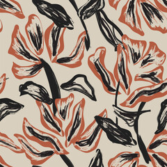 Floral Textile Design Abstract Brushstroke Flower Pattern Fashion Fabric Print Repeat Surface Design In Black Terracotta And Beige For Homeware Products